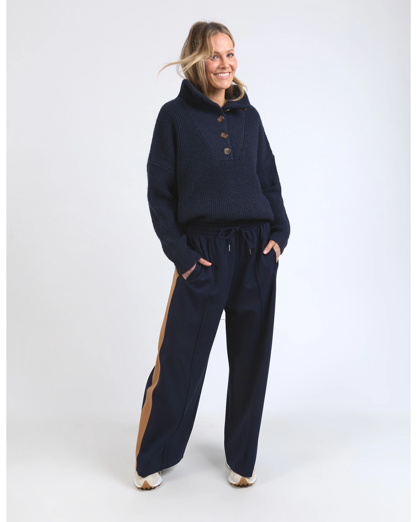 Carmen Wide Leg Pant - Navy Tan Stripe