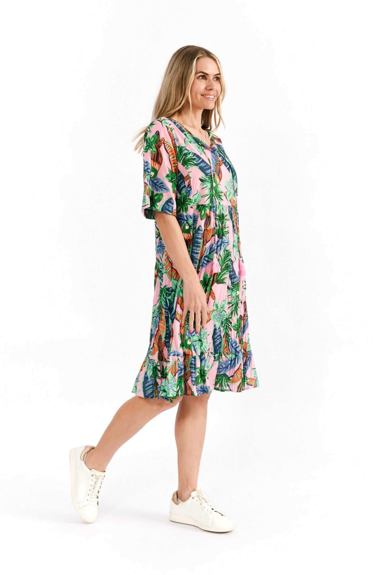 Charlie Tassel Tie Dress - Toucan Jungle Pink