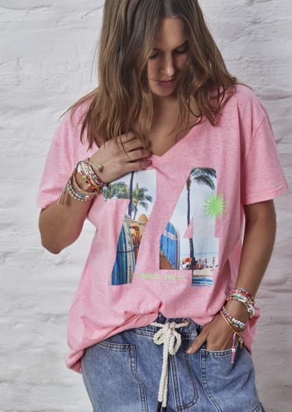 Retro Palm Number V Neck Tee - Hot Pink