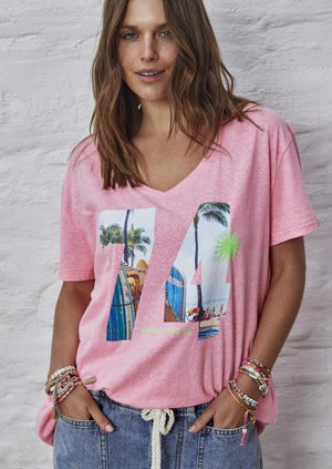 Retro Palm Number V Neck Tee - Hot Pink