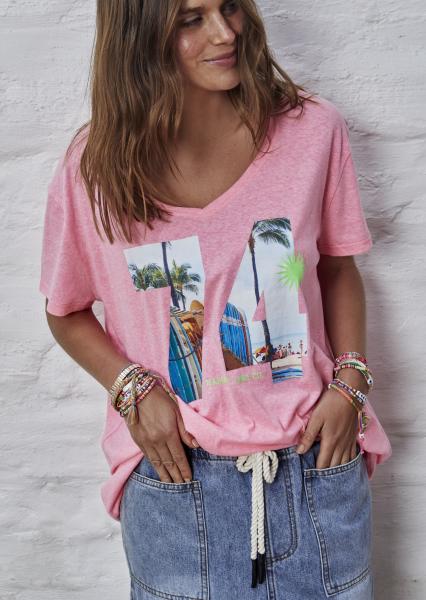 Retro Palm Number V Neck Tee - Hot Pink