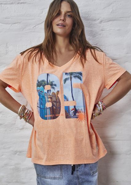 Retro Palm Number V Neck Tee - Orange