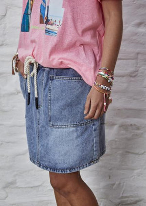 Denim Skirt with Elastic Waist - Stonewash Denim