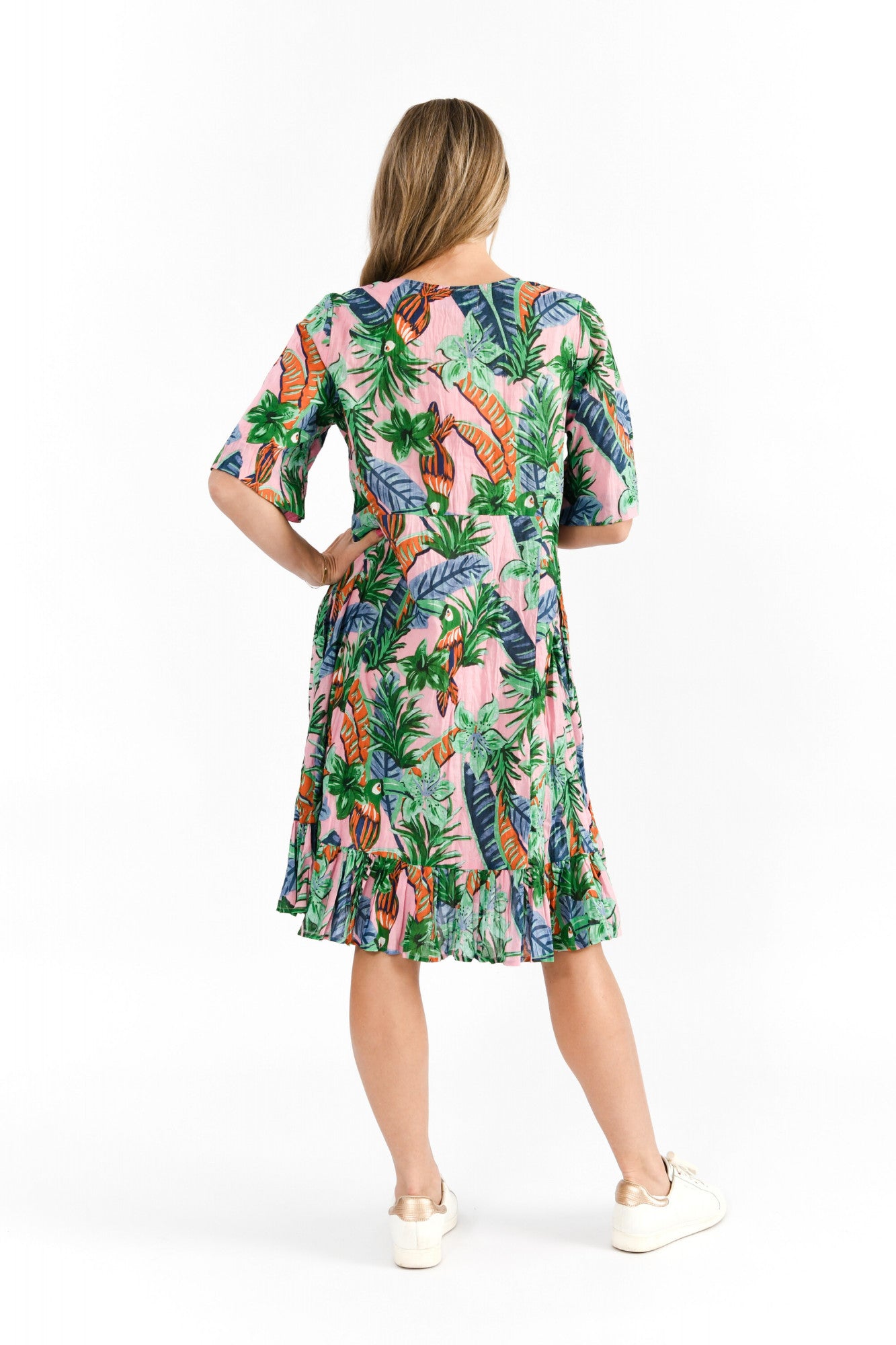 Charlie Tassel Tie Dress - Toucan Jungle Pink