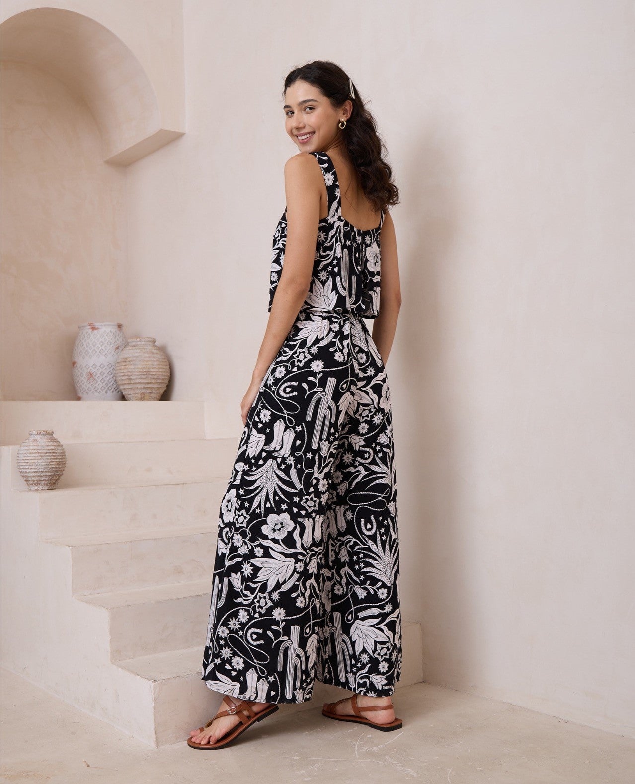 Nina Tank Pant Set - Black White Floral Print