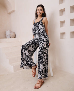 Nina Tank Pant Set - Black White Floral Print