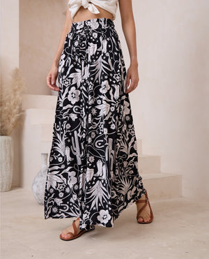 Kaitlyn Wide Leg Pants - Black White Floral Print