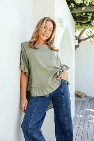 Ric Rac Linen Ruffle Top - Khaki