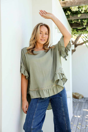 Ric Rac Linen Ruffle Top - Khaki