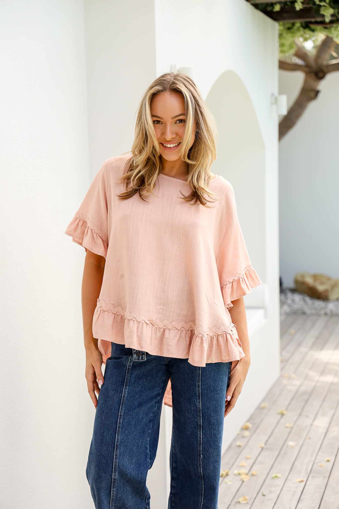 Ric Rac Linen Ruffle Top - Blush