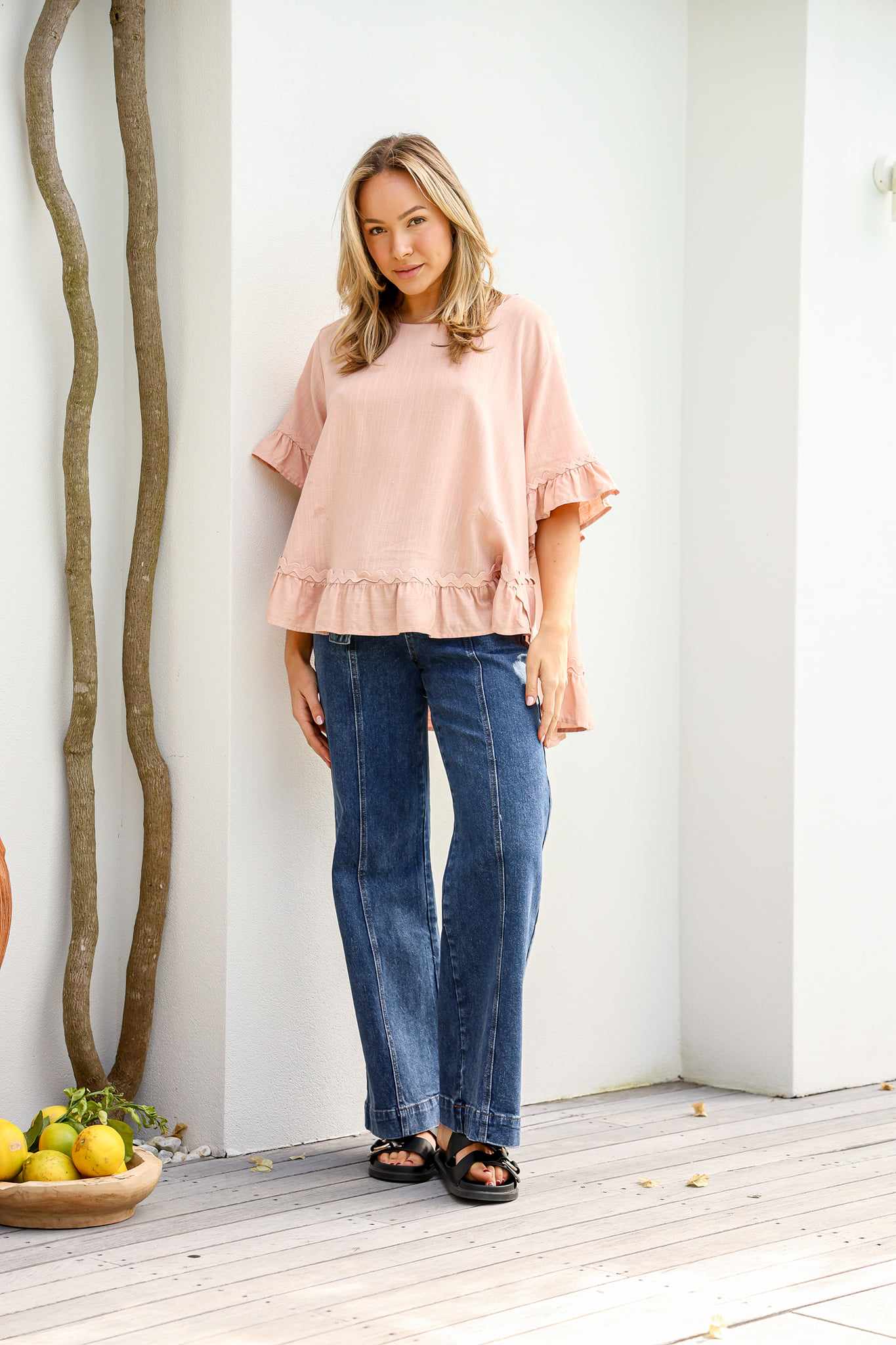 Ric Rac Linen Ruffle Top - Blush