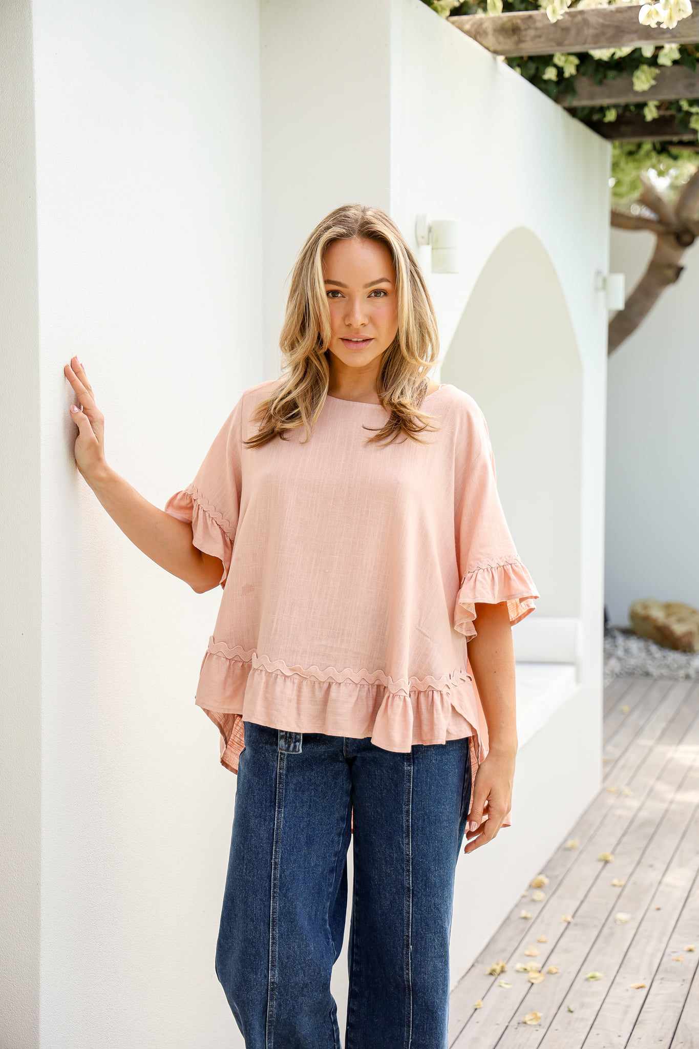 Ric Rac Linen Ruffle Top - Blush