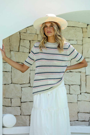 Retro Crochet Stripe Tee - Latte