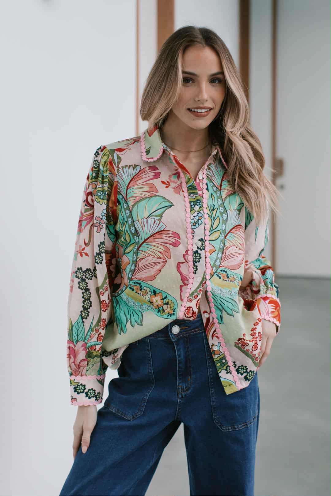 St Tropez Cotton Dobbie Shirt - Pink Green Multi