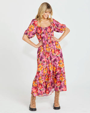 Yasmin Frill Hem Midi Dress - Berry Floral
