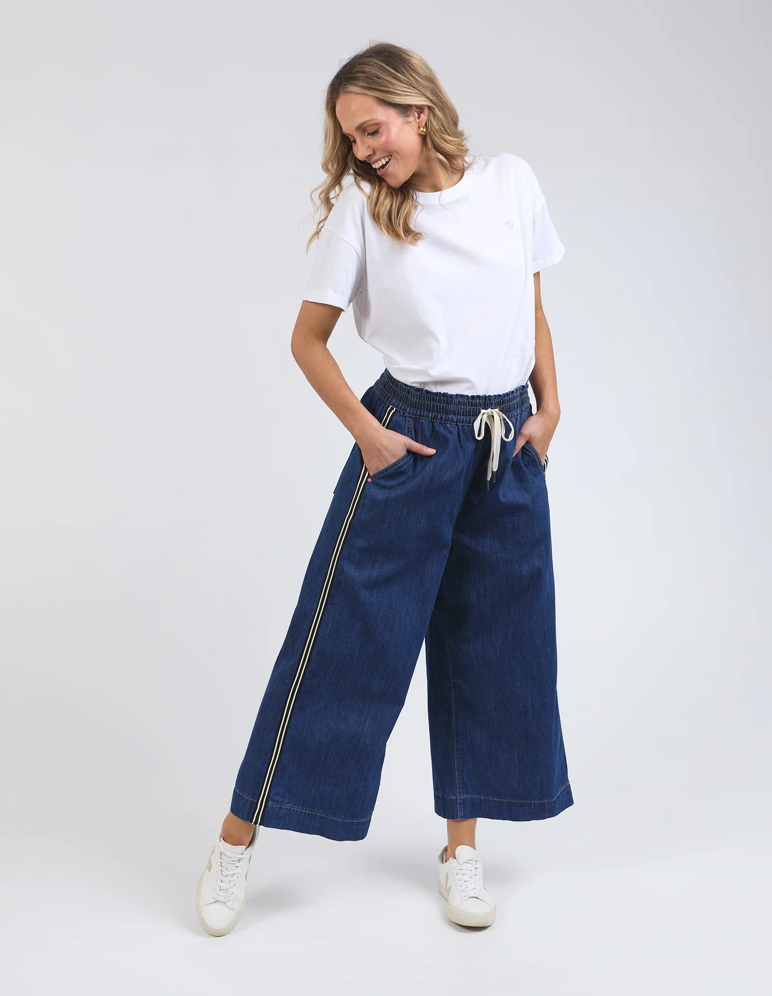 Greta Wide Leg Pant Side Tape - Dark Blue Wash