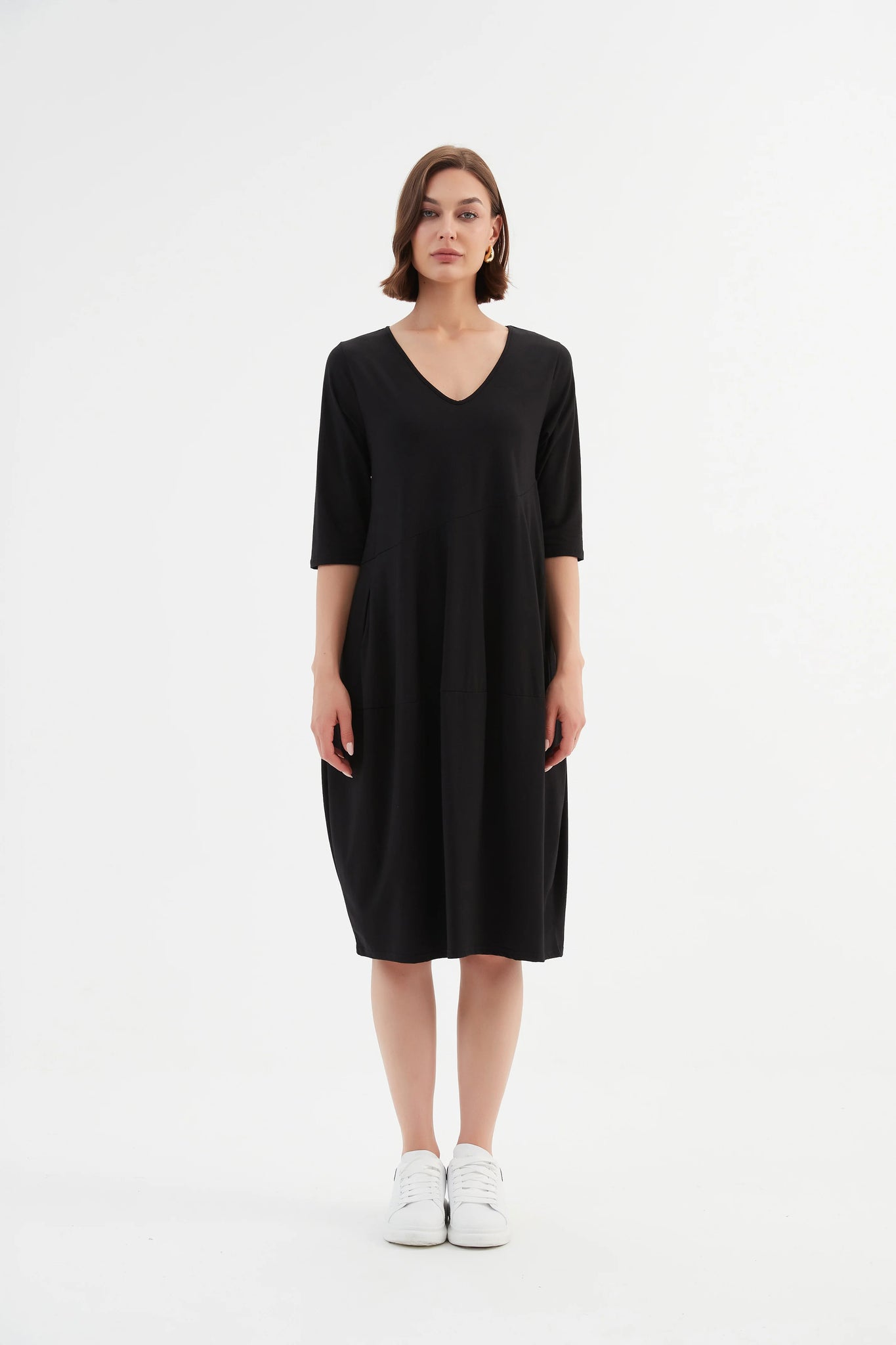 V Neck Diagonal Sleeve Dress - Black