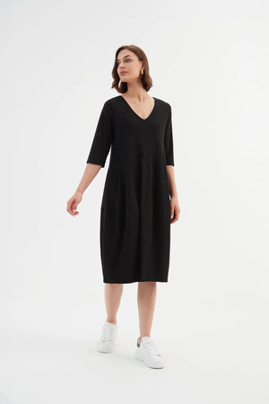 V Neck Diagonal Sleeve Dress - Black