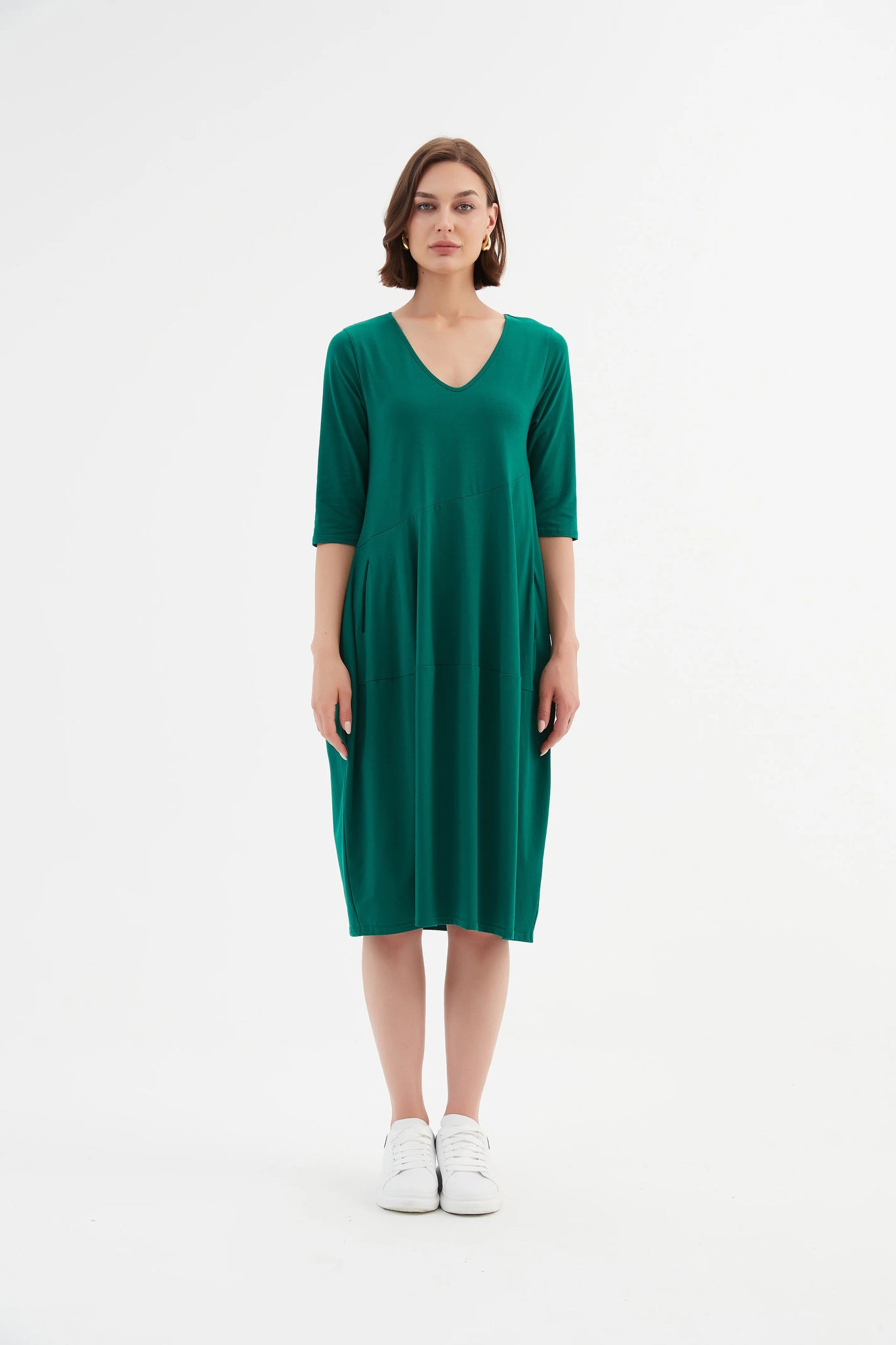 V Neck Diagonal Sleeve Dress - Emerald