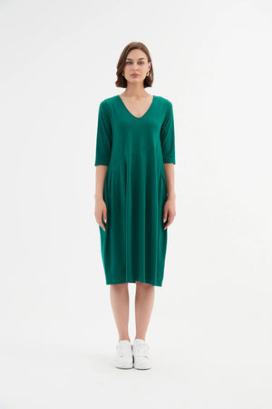 V Neck Diagonal Sleeve Dress - Emerald