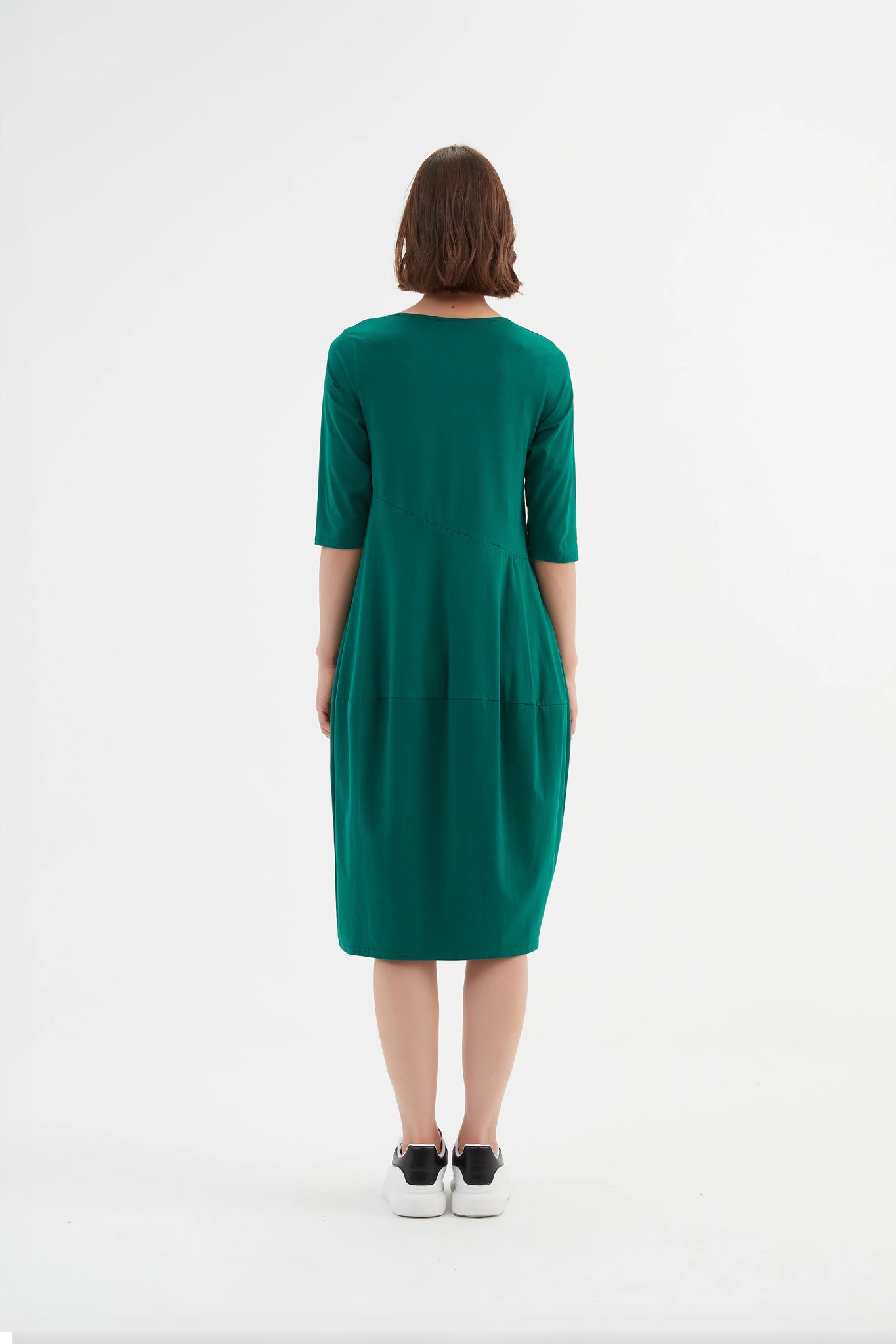 V Neck Diagonal Sleeve Dress - Emerald