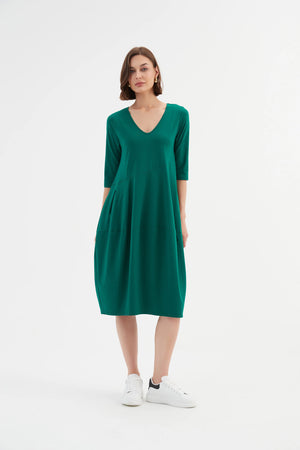 V Neck Diagonal Sleeve Dress - Emerald