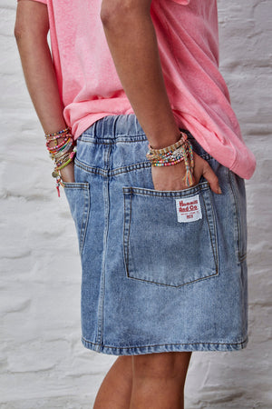 Denim Skirt with Elastic Waist - Stonewash Denim