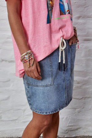 Denim Skirt with Elastic Waist - Stonewash Denim