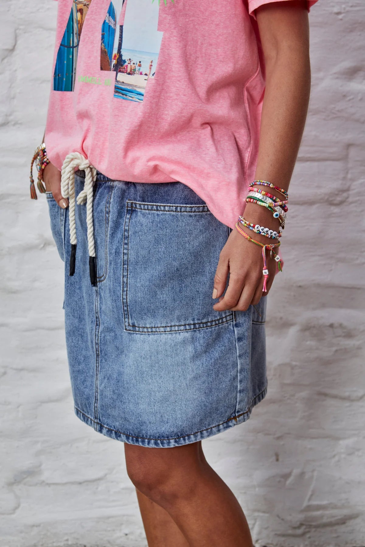 Denim Skirt with Elastic Waist - Stonewash Denim