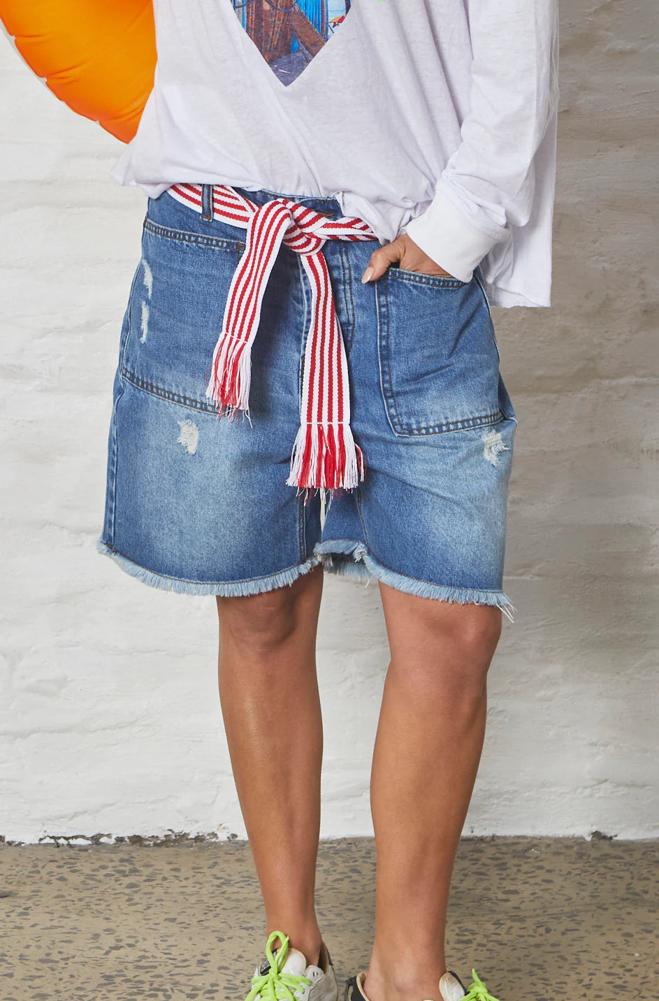 Frayed Denim Carpenter Shorts - Stonewash