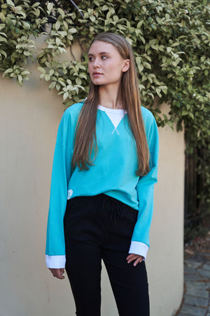 Heart Sweater with White Contrast - Bright Blue