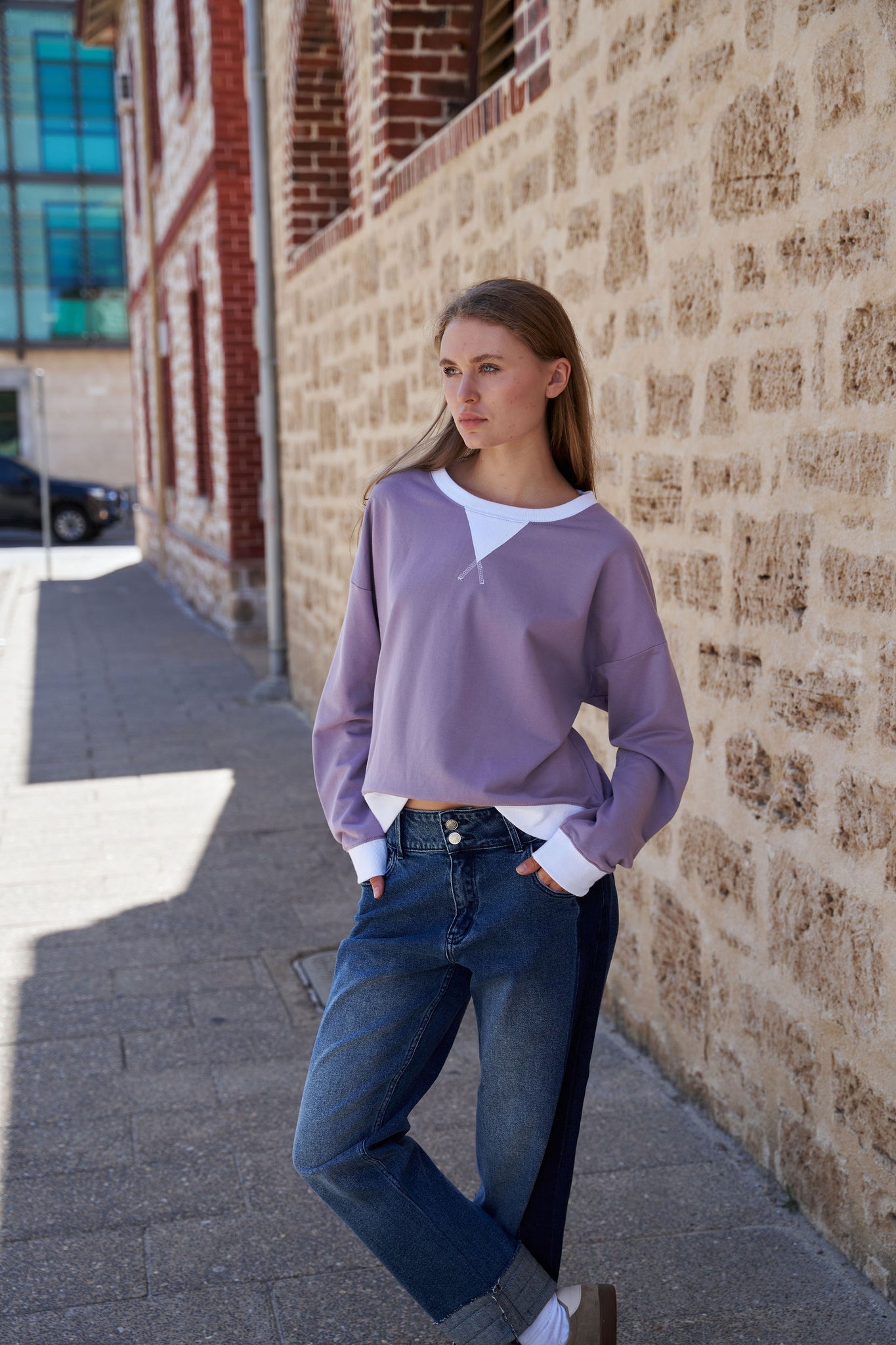 Heart Sweater with White Contrast - Dusty Lilac