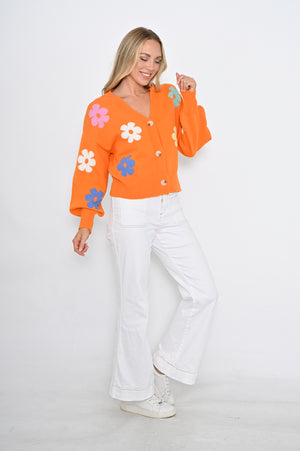 Floral Knit Cardigan - Orange