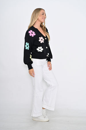 Floral Knit Cardigan - Black