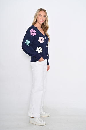 Floral Knit Cardigan - Navy