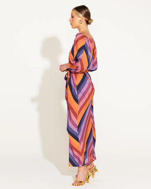 Sunset Dream Tie Waist Midi Dress - Rainbow Sunset Stripe