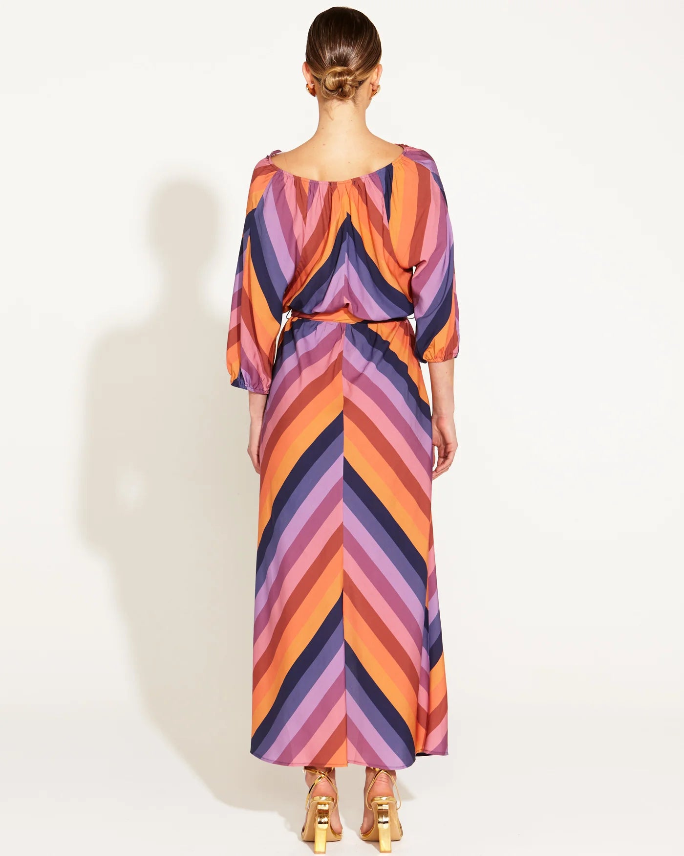 Sunset Dream Tie Waist Midi Dress - Rainbow Sunset Stripe