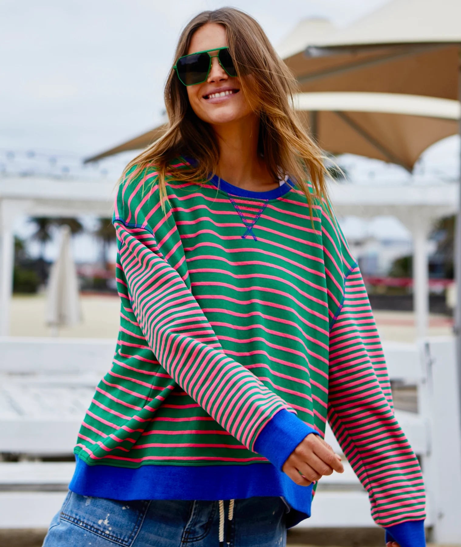 Retro Stripe Sweat - Green Pink