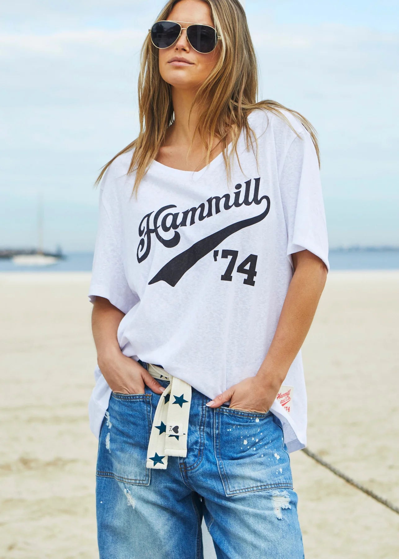Hammill & Co 74 Logo V Neck Tee - White