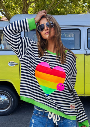 Heart Stripe Waffle Top - Navy White