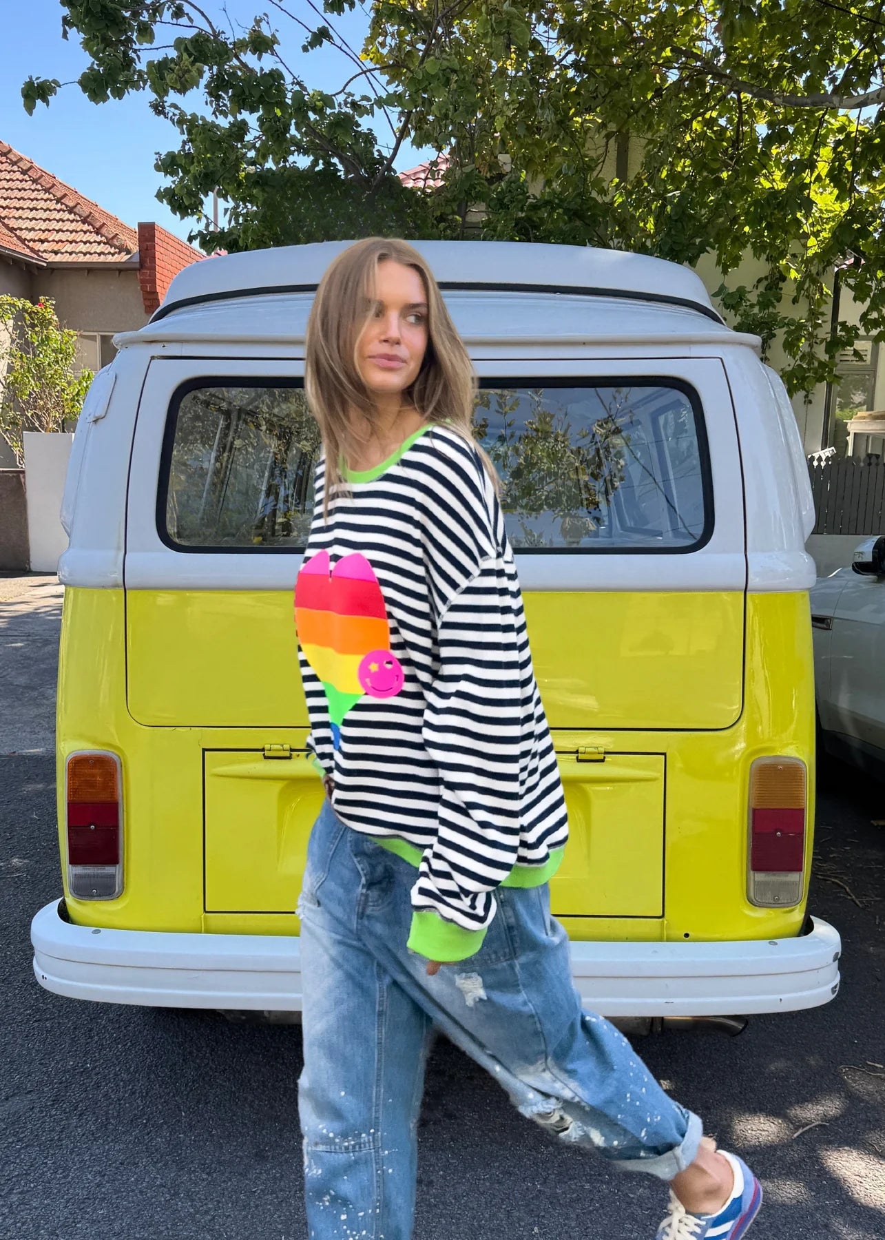Heart Stripe Waffle Top - Navy White