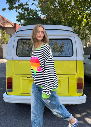 Heart Stripe Waffle Top - Navy White