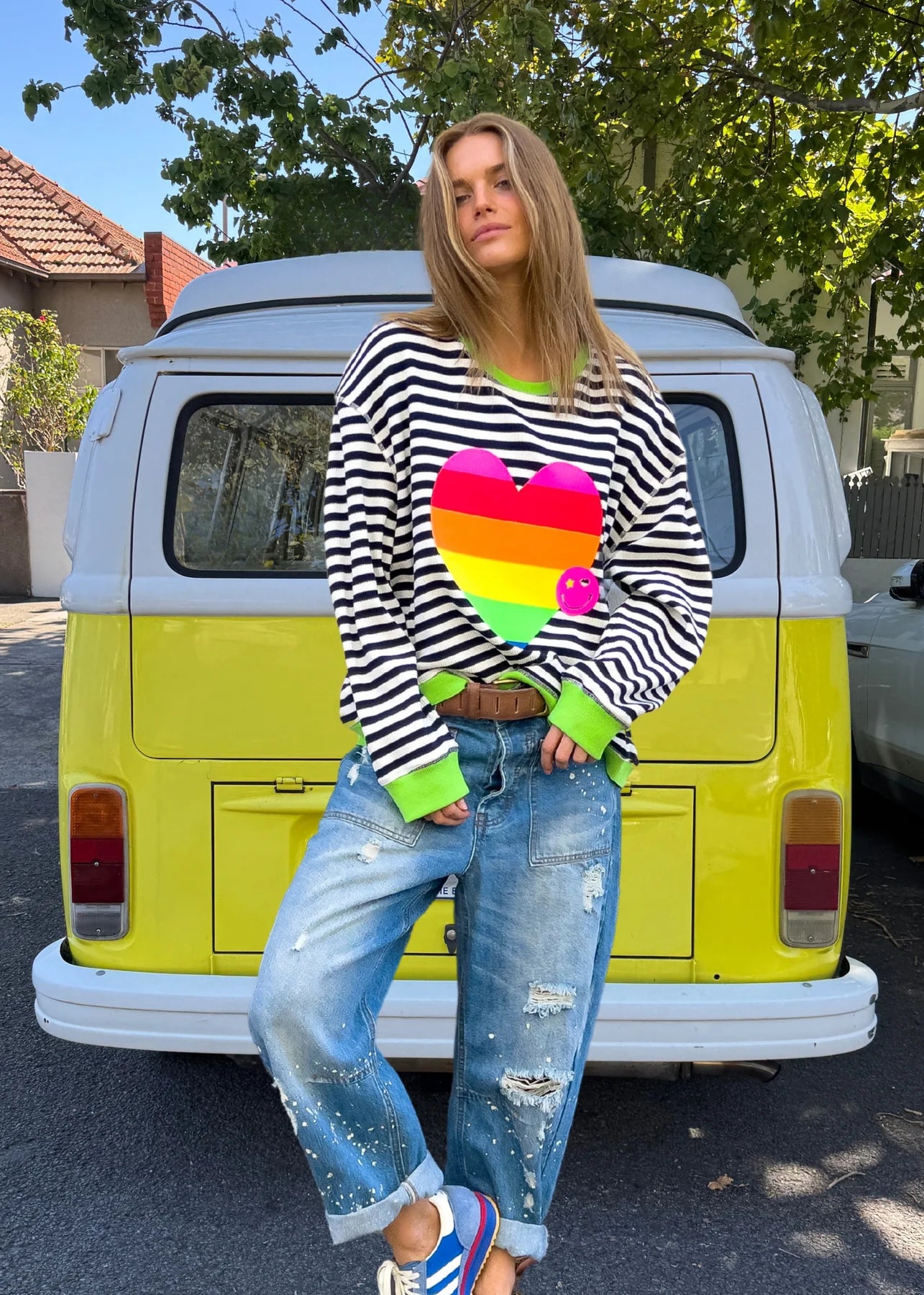 Heart Stripe Waffle Top - Navy White