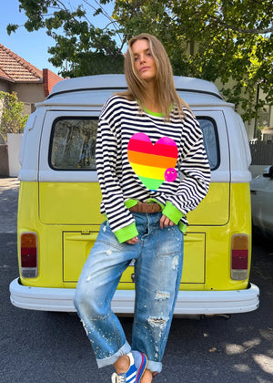 Heart Stripe Waffle Top - Navy White