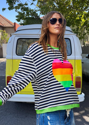 Heart Stripe Waffle Top - Navy White