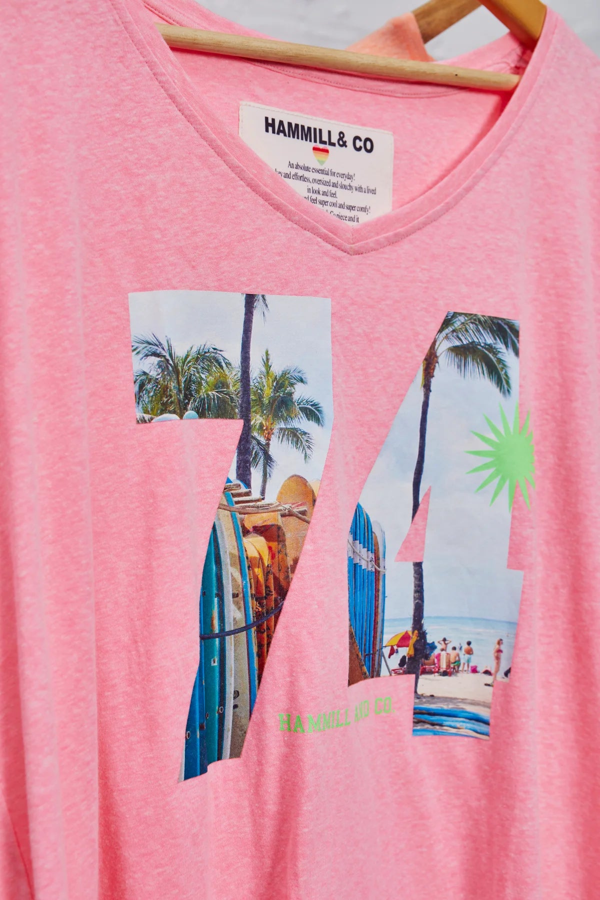 Retro Palm Number V Neck Tee - Hot Pink