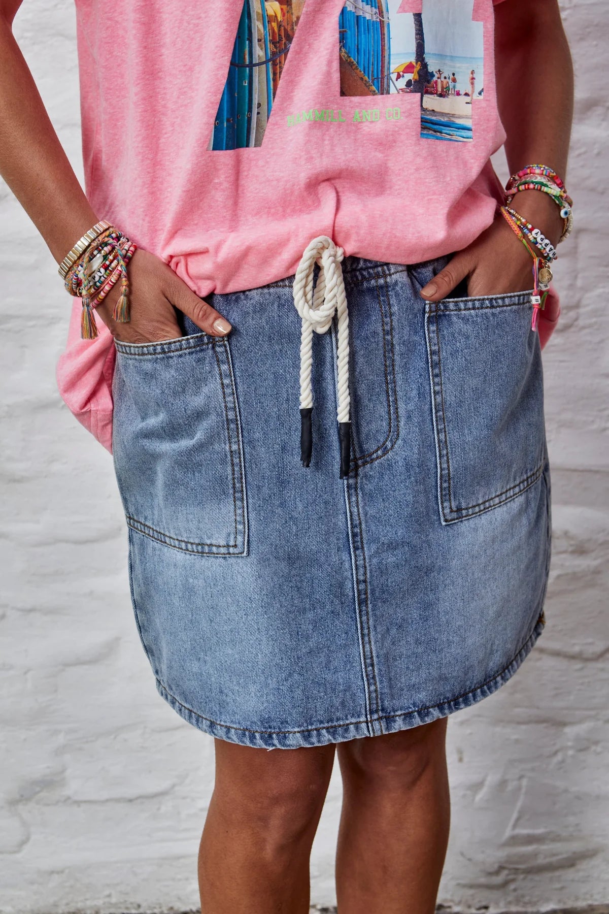 Denim Skirt with Elastic Waist - Stonewash Denim