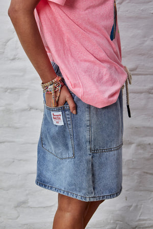 Denim Skirt with Elastic Waist - Stonewash Denim