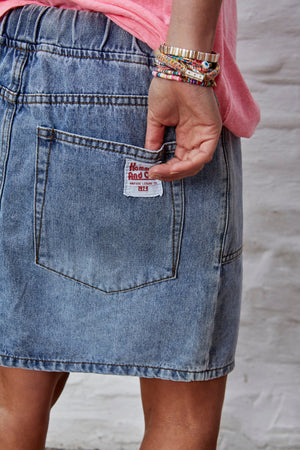 Denim Skirt with Elastic Waist - Stonewash Denim