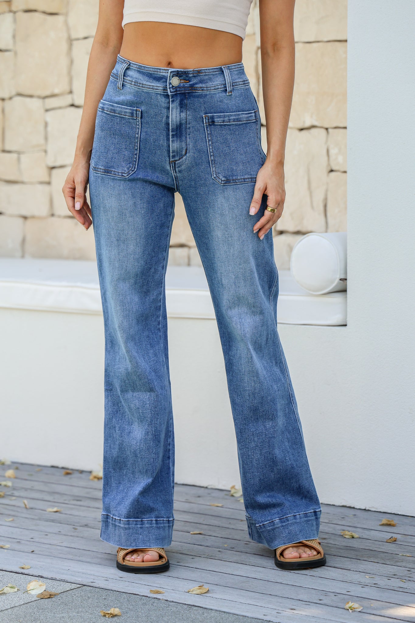 Front Pocket Stretch Wide Leg Jean - Mid Blue